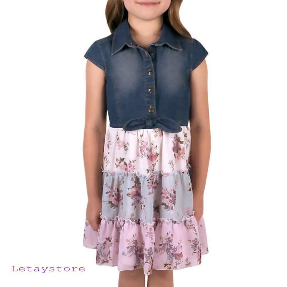 NWT Zunie Girl's Denim Chiffon Tiered Floral Print Dress